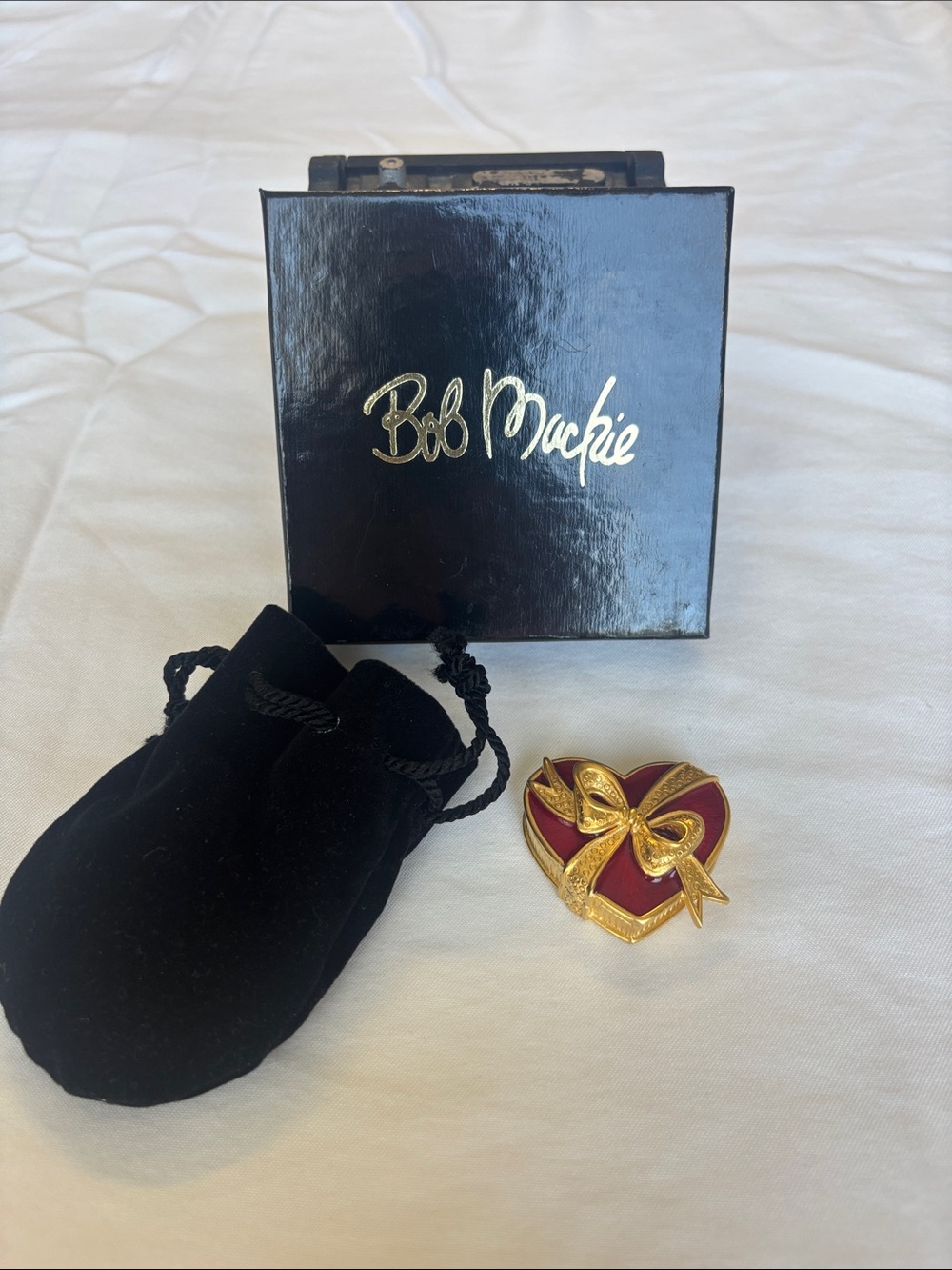 Bob Mackie Gold-Tone Bow Heart pill box with Red Enamel
